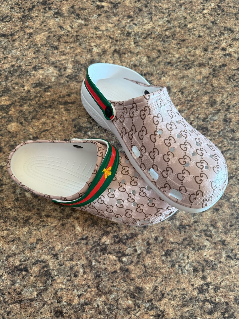 Unisex Slip-On Clogs with Beige Print and Green-Red Moveable Strap European 45